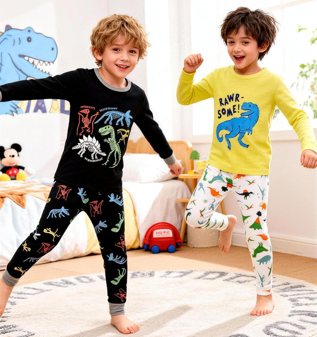 Jungen Pyjama Langarm 4-teilig Kleine Kinder Nachtwäsche Schlafanzug Set 2-14 Jahre 4p-dino Schwarzg
