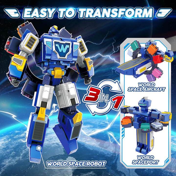 Super Wings 3-in-1 World Space Verwandelnder Roboter mit den Mini Figuren Jett und Dizzy, Verwandlun
