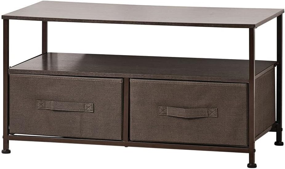 mDesign TV Board mit Ordnungsboxen – schmaler Fernsehtisch mit Ablage und 2 Stoffkörben – modernes T