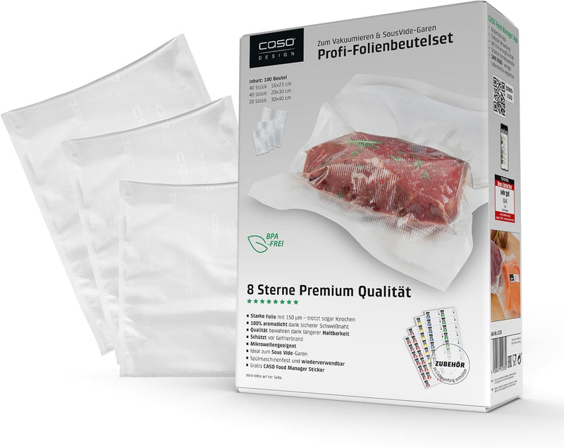 CASO Profi- Folienbeutel Set 5 / 40 St. 16x23 cm, 40 St. 20x30 cm, 20 St. 30x40 cm 150µm, für Vakuum