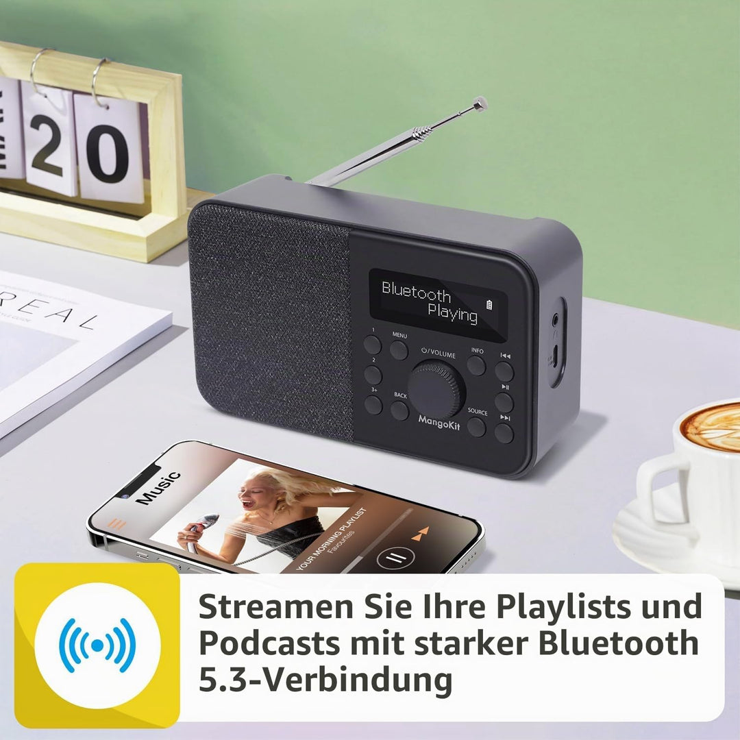 MangoKit PR2S Tragbares DAB+ Digitalradio,Küchen-FM-Radio,Bluetooth-Lautsprecher,Persönliches DAB-Ra