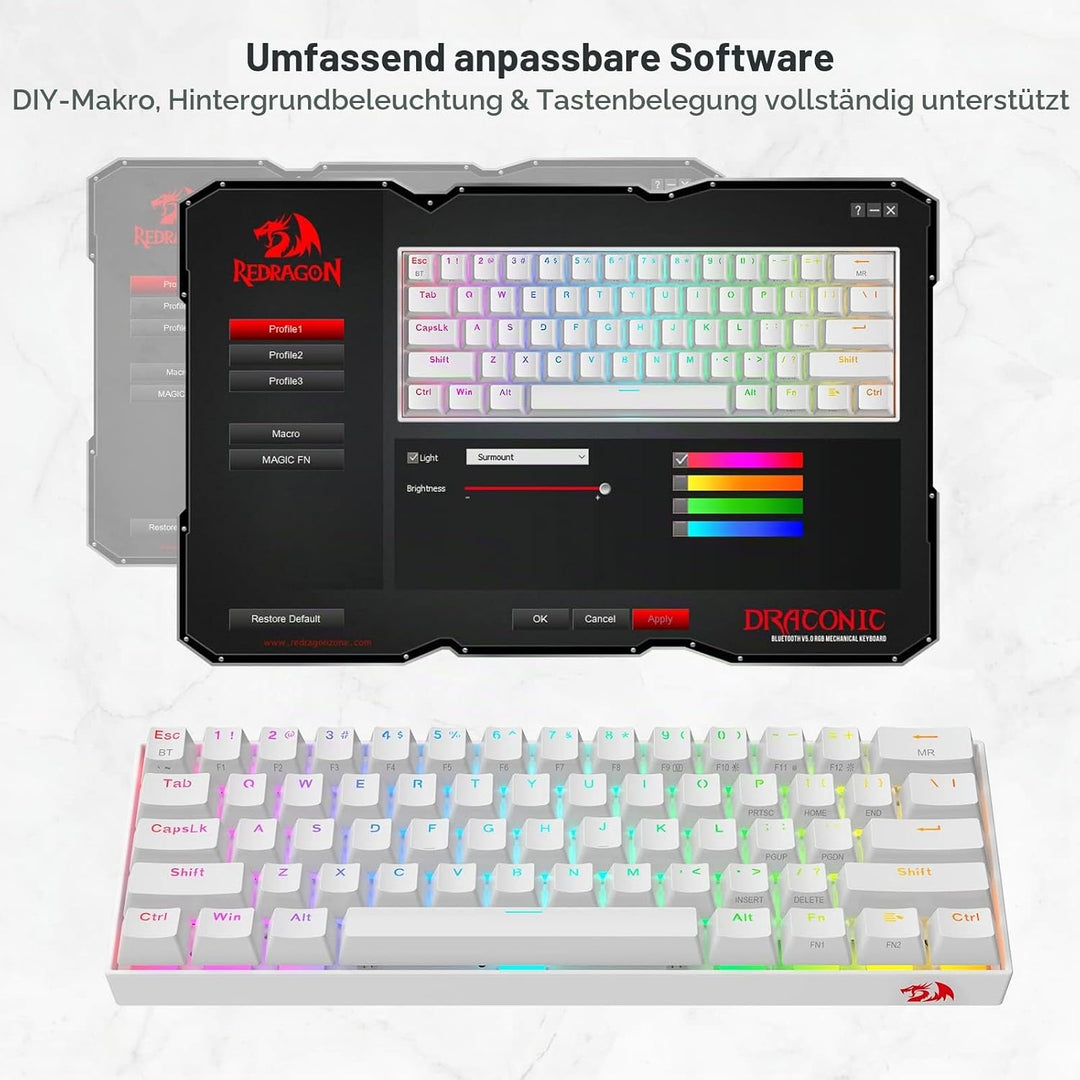 Redragon K530 Draconic 60% Bluetooth/kabelgebundene / 2,4 GHz kabellose mechanische Tastatur, 61 Tas