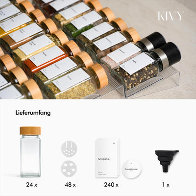 KIVY Gewürzgläser mit Streueinsatz [24x 120ml] + 240 Wasserfeste Label - Gewürzgläser eckig - Gewürz