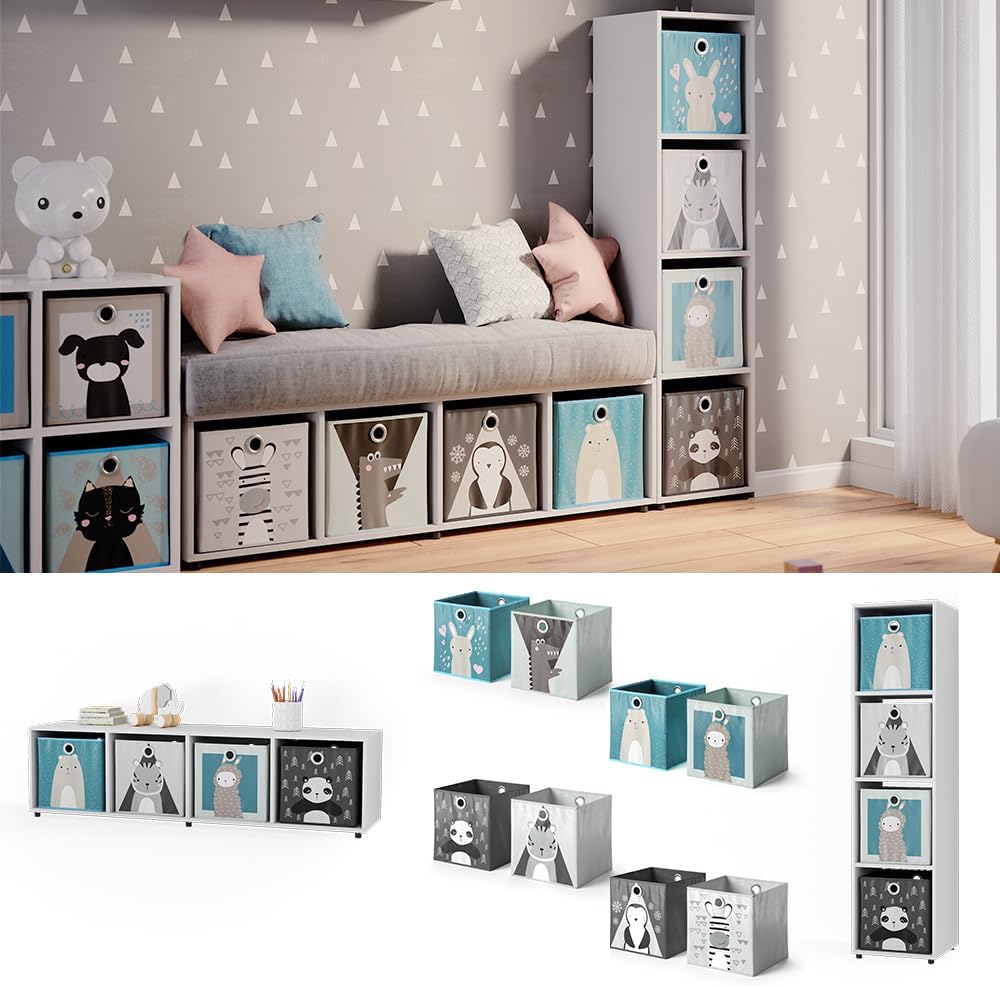 Vicco Kinderregal Weiss Ludus mit 4 Faltboxen - 143x36x33 cm gefertigt aus Spanplatte - Bücherregal