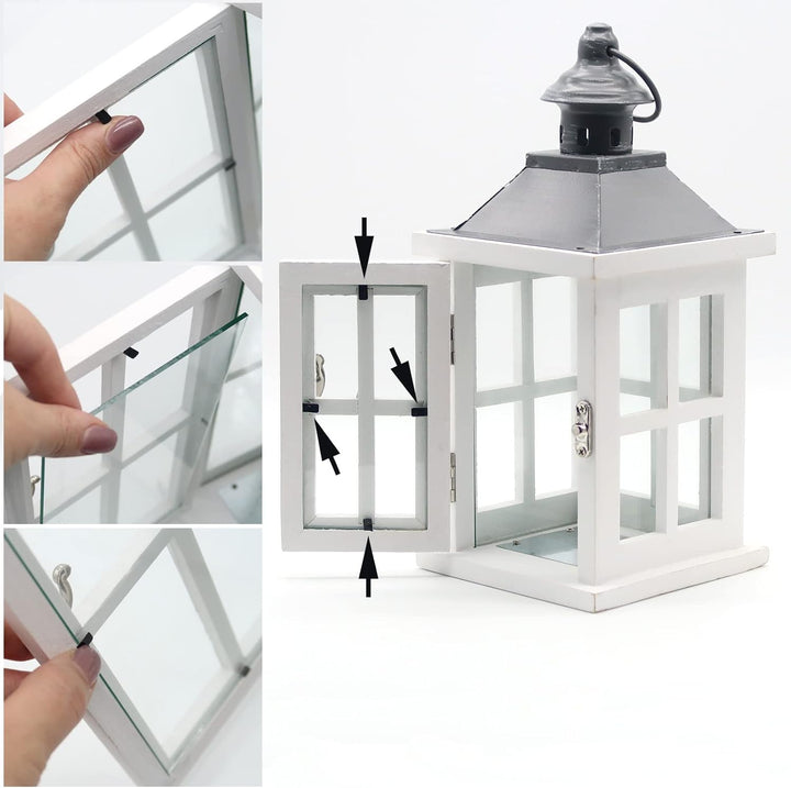 Dekovita 27cm Holz-Laterne Weiss - Gartenlaterne mit Glas-Scheiben Henkel - Windlicht Deko-Laterne N