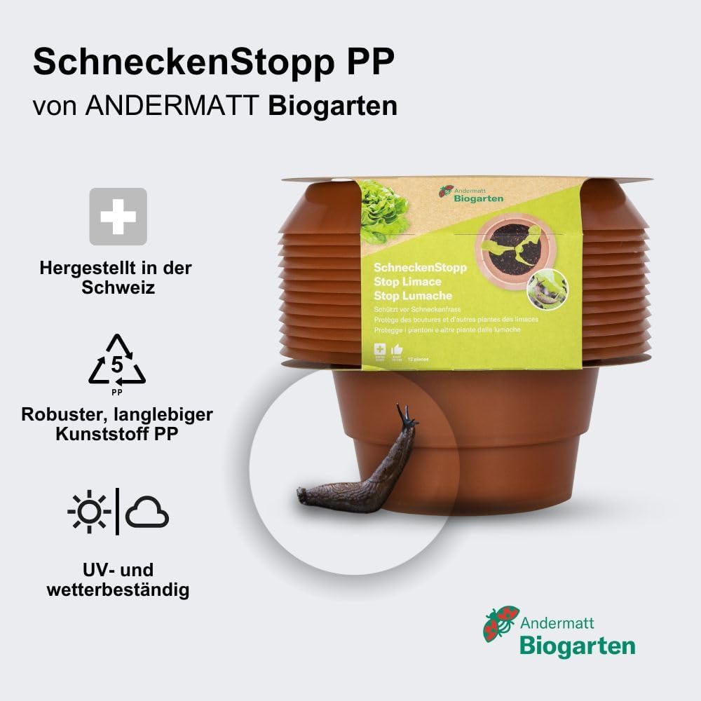 Andermatt Biogarten SchneckenStopp PP 12er Pack + 12 Hauben, natürlicher Schneckenschutz, wiederverw