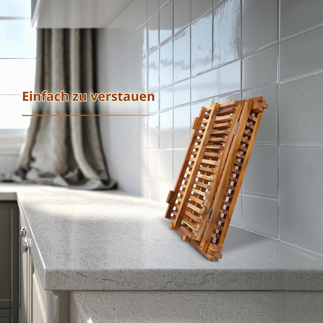 Utoplike 3-stufiger zusammenklappbarer Geschirrtrockner aus Teakholz, Faltbarer Geschirrabtropfständ