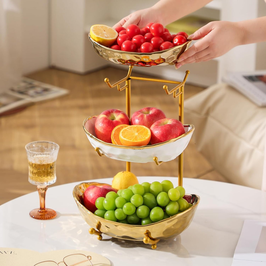 Simcat 3-Schicht Obstschale Keramik mit Metallgestell - Etagere Dekoschale für Küche/Wohnzimmer, Ser