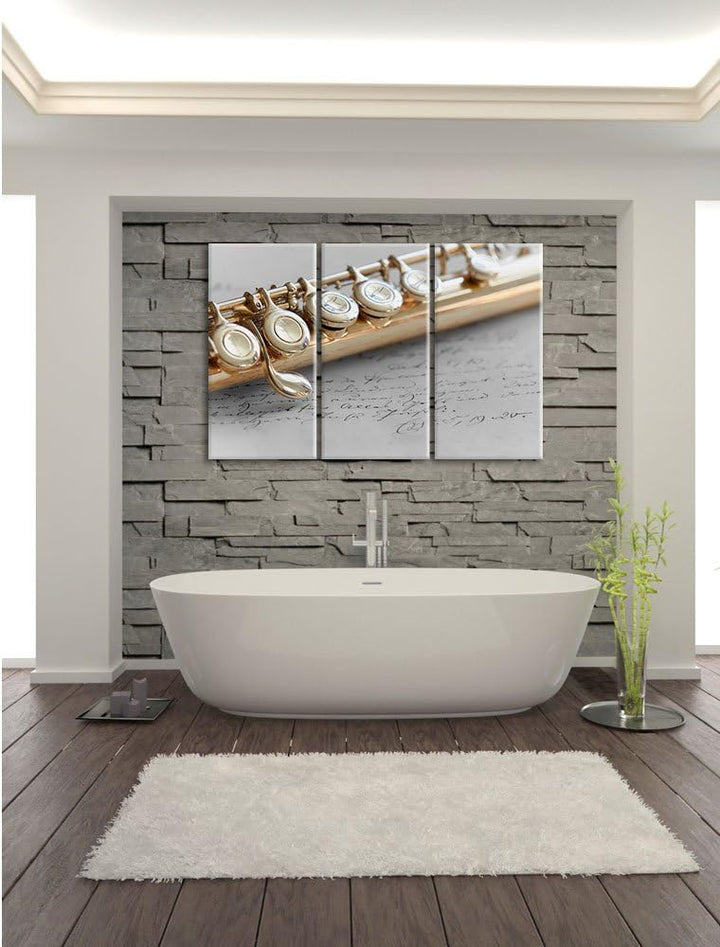 Pixxprint Detailaufnahme Einer Querflöte Schwarz/Weiss 3-Teiler Leinwandbild 120x80 Bild auf Leinwan