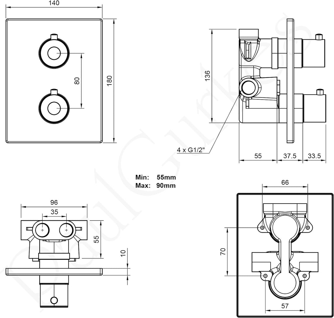 PaulGurkes Thermostat Brausebatterie Unterputz Armatur eckig Duscharmatur