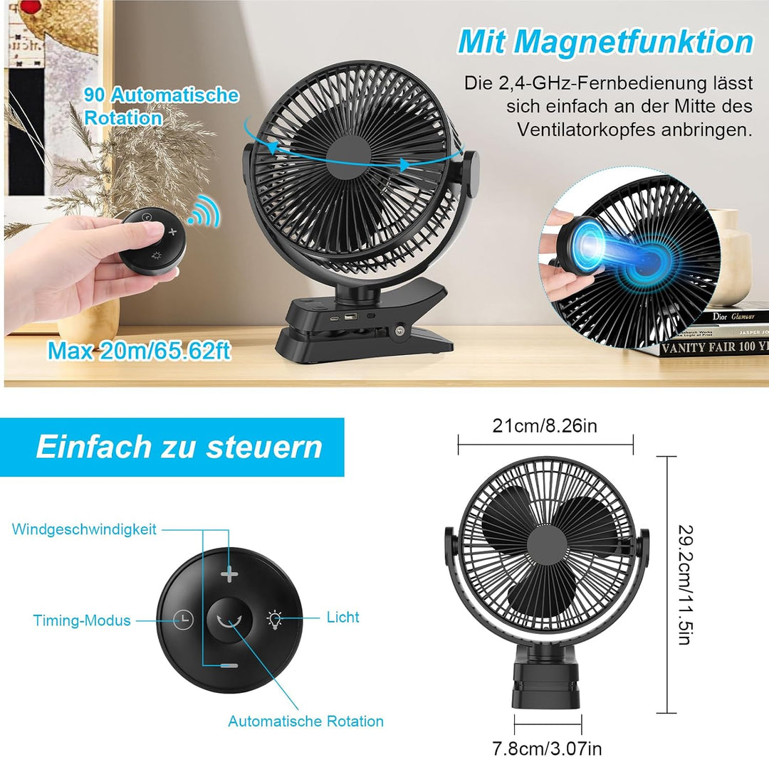 ELZO Tischventilatoren Camping Ventilator, 21cm/8.26 Zoll, 12000mAh Wiederaufladbarer USB Ventilator