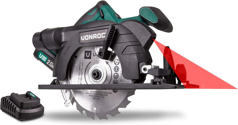 VONROC Handkreissäge Akku 20V - Akku Kreissäge 150mm, Säge inkl. Laserführung & Staubabsaugung - Mit