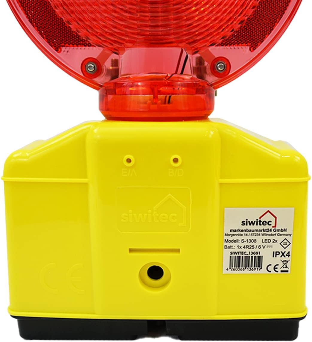 1 x siwitec LED Baustellenleuchte rot/transparent inkl. 2 x Blockbatterien Typ 4R25 6V 7Ah, LED Warn