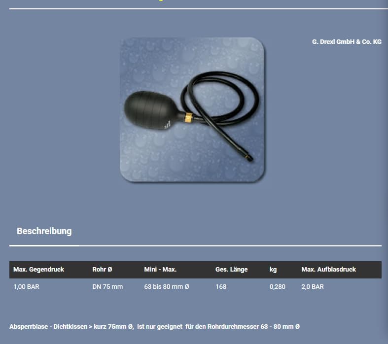 Drexl Absperrblase kurz 75 mm Ø für Rohrdurchmesser 63–80 mm – Rohrdichtkissen, Pipe Plug, Testplug,