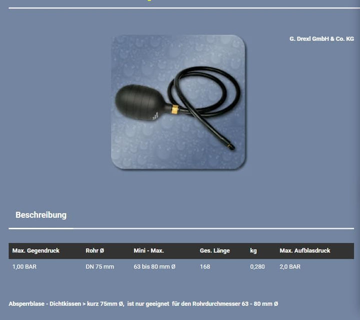 Drexl Absperrblase kurz 75 mm Ø für Rohrdurchmesser 63–80 mm – Rohrdichtkissen, Pipe Plug, Testplug,