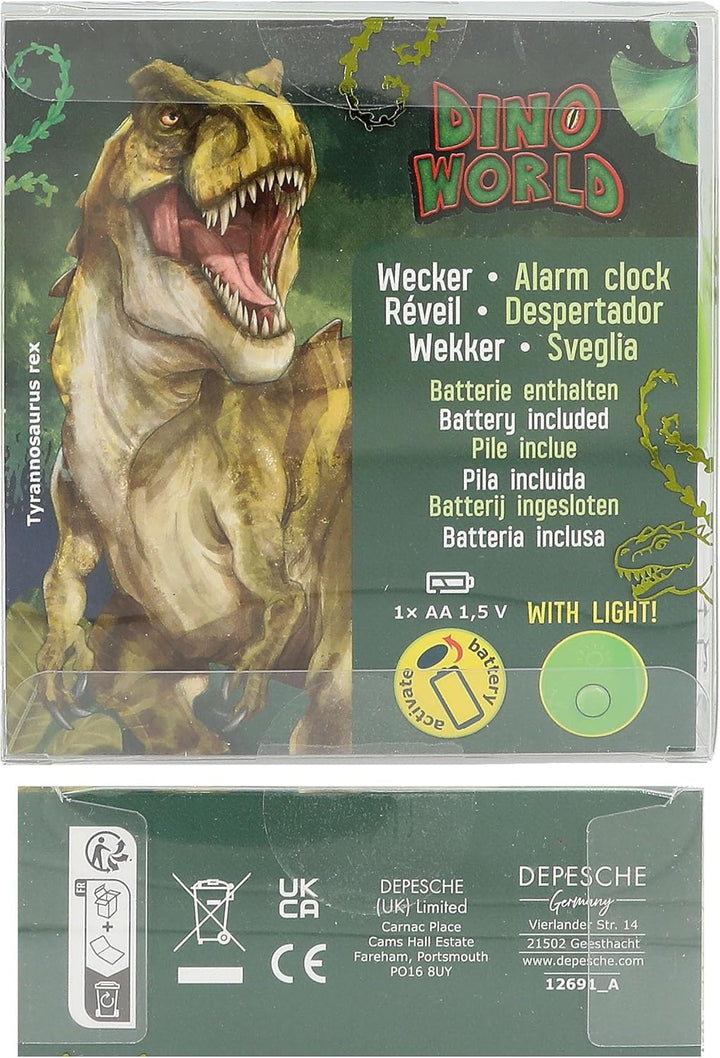 Depesche 12691 Dino World - Wecker für Kinder in Grün mit Dino-Motiv, lautlose Uhr mit Licht-Funktio
