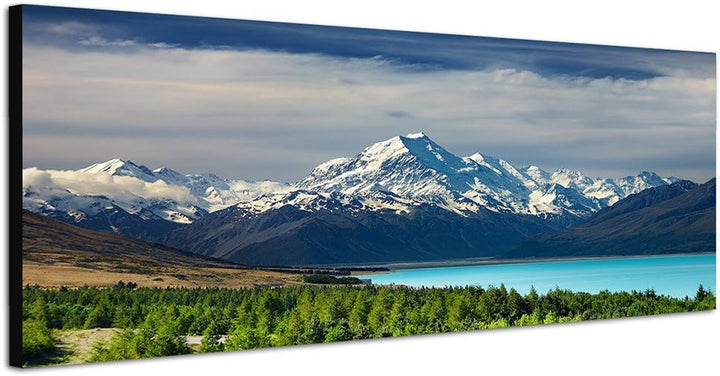 Paul Sinus Art Panoramabild auf Leinwand und Keilrahmen 150x50cm Neuseeland See Gebirge Schnee Wald