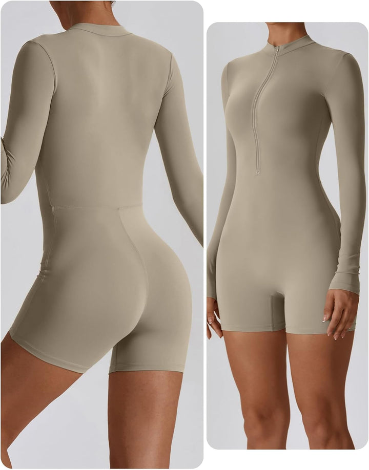 AIEOE Sport Jumpsuit Damen Kurz Eng Yoga Langarm One Piece mit Kragen Reissverschluss Bodysuit Plays