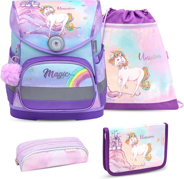 Belmil ergonomischer Schulranzen Set 4 -teilig für Mädchen 1-4 Klasse Grundschule/Brustgurt/Magnetve