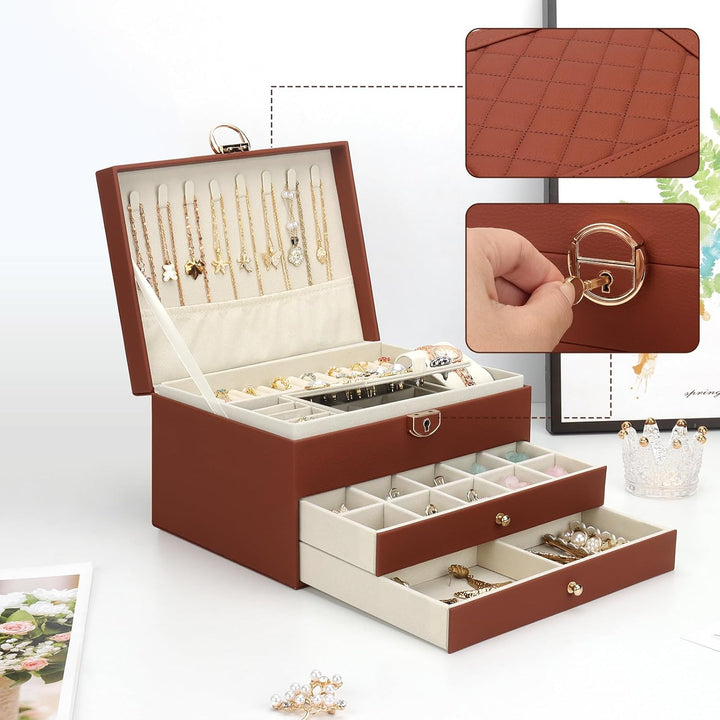 Schmuckkasten, Schmuckkästchen mit 3 Ebenen mit Schubladen, PU-Leder Schmuckbox Schmuckschatulle Gro