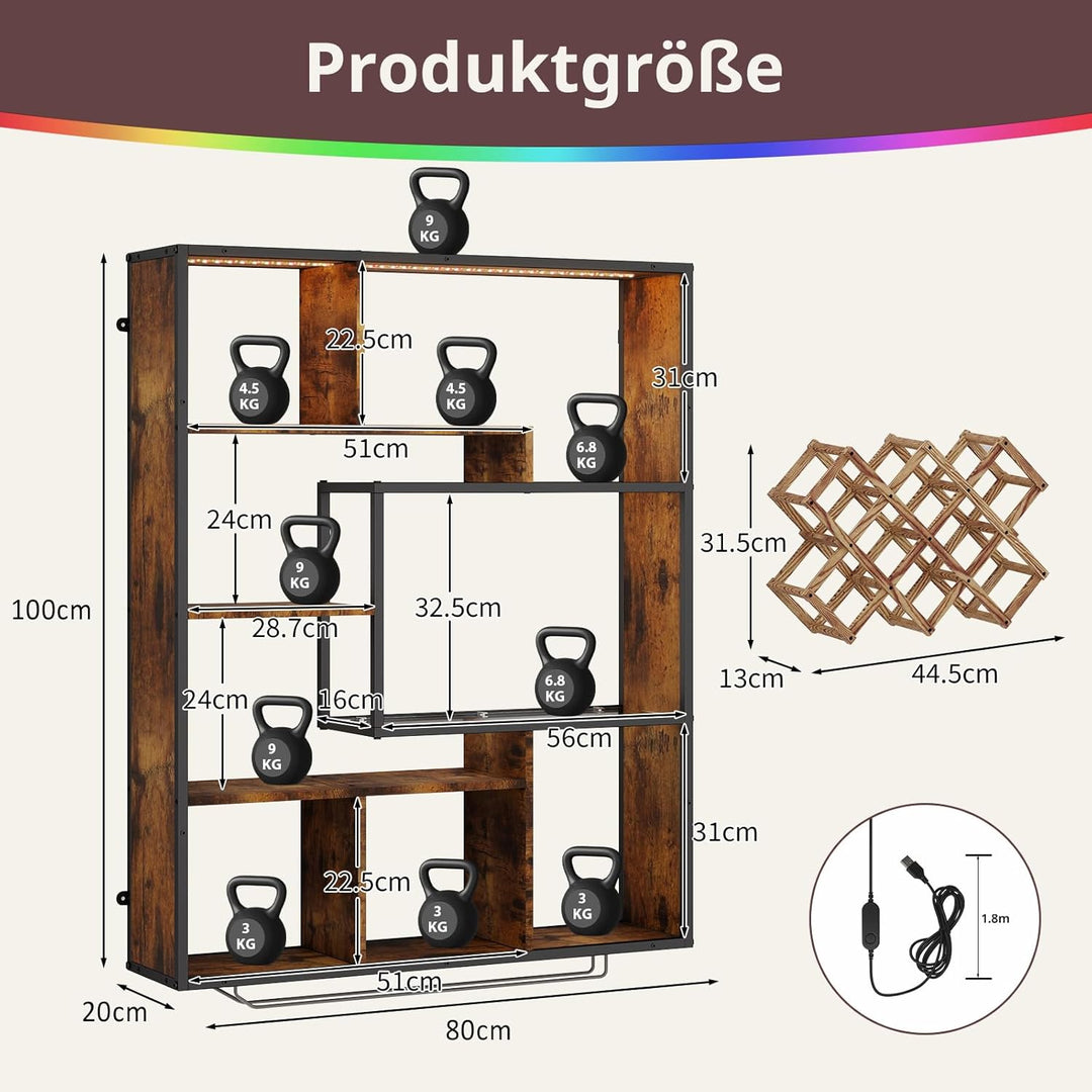 YOURLITE Weinregal Wand mit LED-Beleuchtung Metall,Bar Regal mit Glashalter,Wandmontage Wine Display