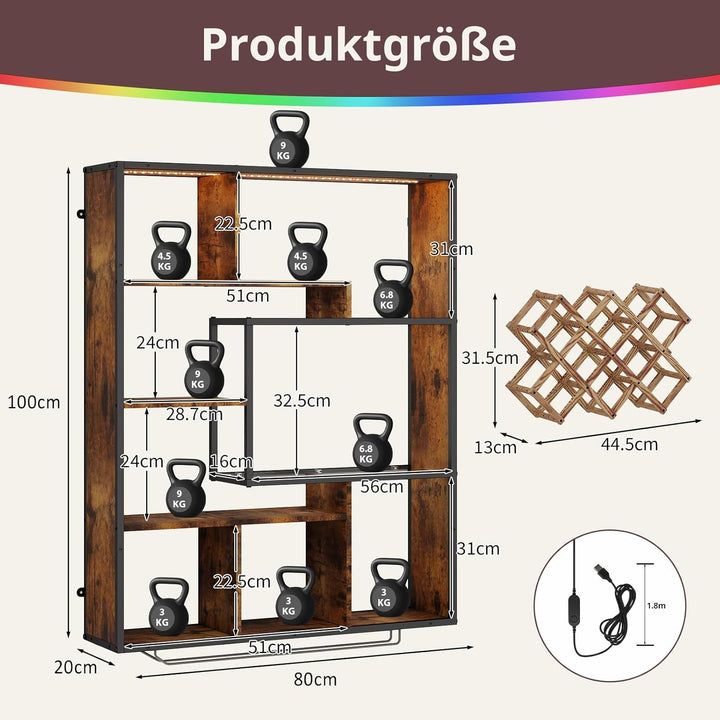 YOURLITE Weinregal Wand mit LED-Beleuchtung Metall,Bar Regal mit Glashalter,Wandmontage Wine Display