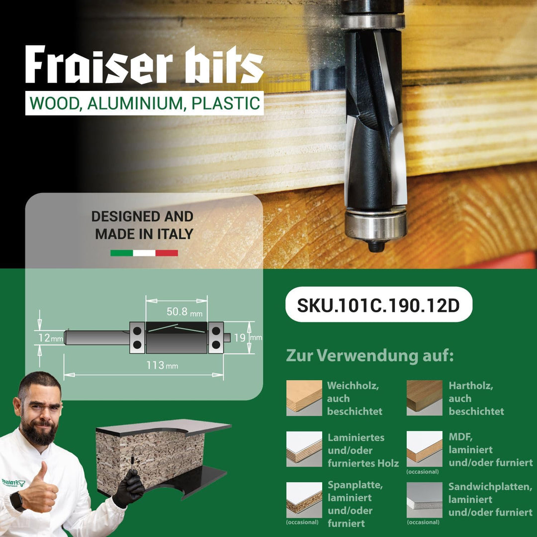 Fraiser® Bündigfräser besäumfräser mit 12 mm oberlager für holz, derivate - und laminatkanten für ha