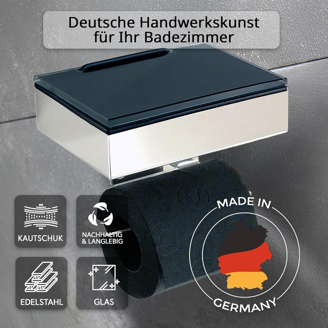 Toilettenpapierhalter mit Feuchttücherbox - Gehäuse Poliert & Abdeckung Glas Schwarz- befüllbar von