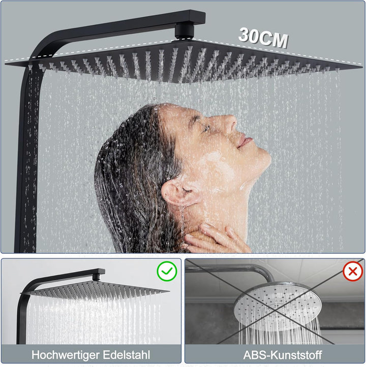 HOMELODY Duschsystem mit Thermostat Schwarz - Edelstahl Duscharmatur Komplettset mit 30x30CM Kopfbra