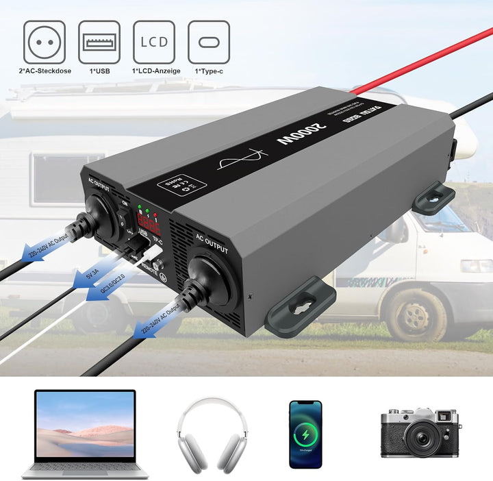 DATOUBOSS Wechselrichter 12v auf 230v Reiner Sinus 2000w, Spannungswandler 12v 230v 2000w mit AC Ste