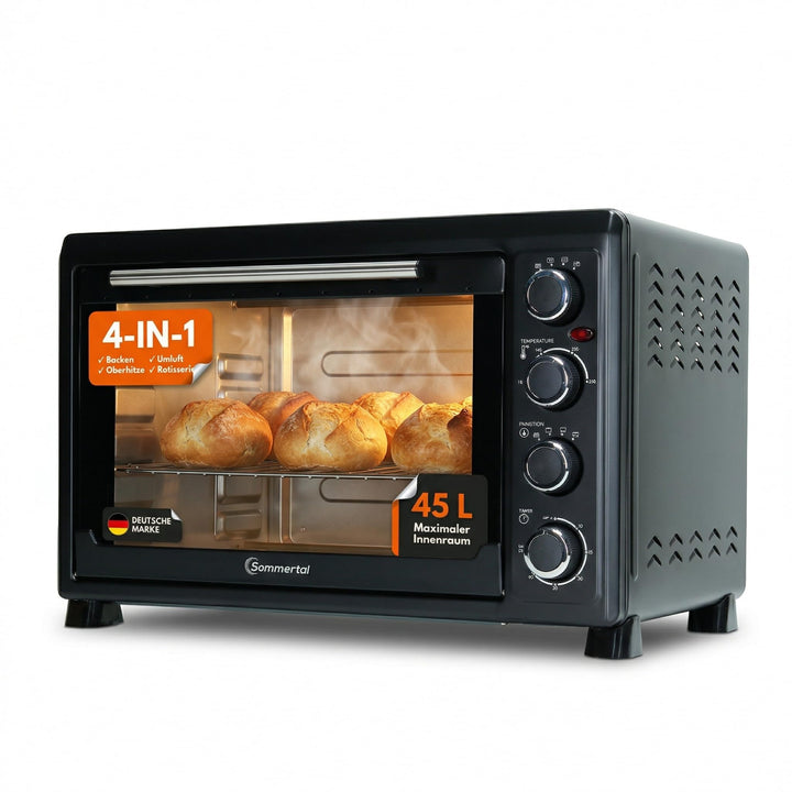 Sommertal Minibackofen 45L | 2000W, Drehspiess, Umluft, 100-230°C, 60min | Hähnchengrill, Konvektion