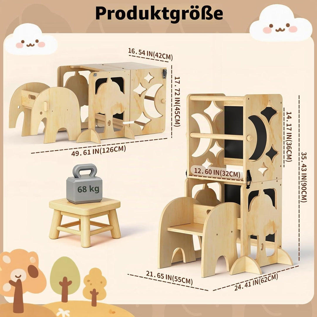 COSYLAND 4-in-1 Kleinkind-Küchenhocker-Helfer mit Sicherheitsschiene – Faltbarer Kleinkind-Stehturm