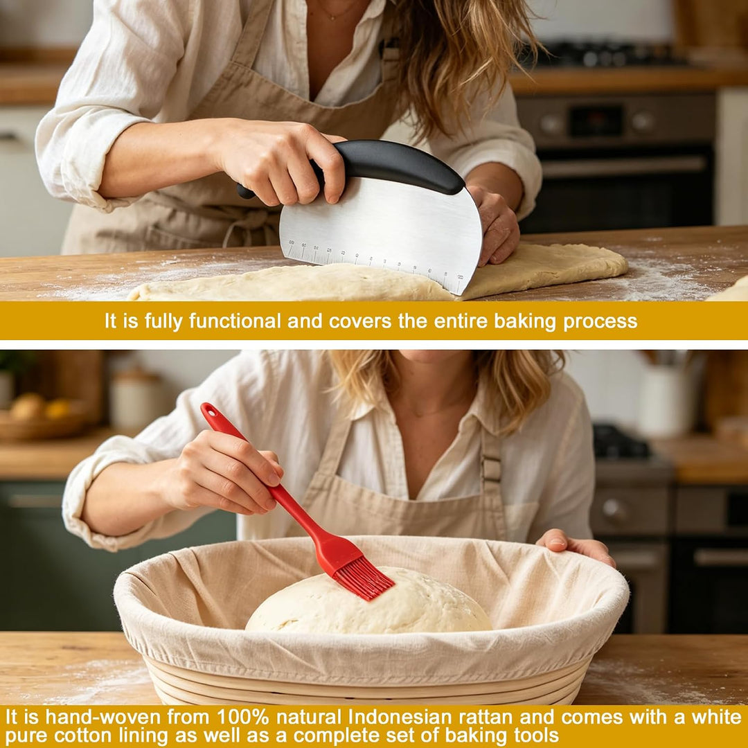 Sauerteig Starter Set: 11-teilig Gärkorb Brot Set mit 25cm Oval Gärkorb, Teigschaber, Leineneinsatz,