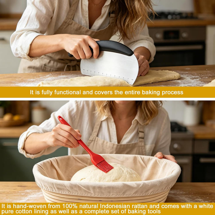 Sauerteig Starter Set: 11-teilig Gärkorb Brot Set mit 25cm Oval Gärkorb, Teigschaber, Leineneinsatz,