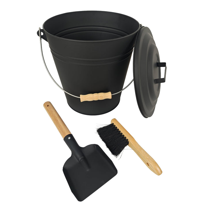 Relaxdays Ascheeimer mit Deckel, 15 Liter, inkl. Aschebesen & Kaminschaufel, Aschebehälter mit Henke