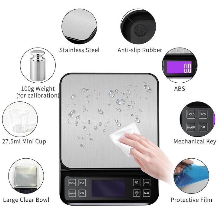 Grosse Küchenwaage Digital, 5kg 0,1g Backwaage mit%-Funktion Schwarz-5kg, Schwarz-5kg