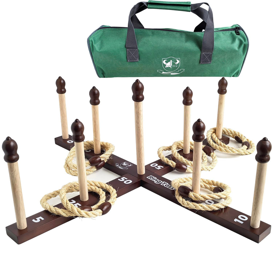 Quoits Ringwurfspiel aus Holz – Wurfspiel-Set mit Tragetasche 10 x Seilringe, 10 x Seilringe