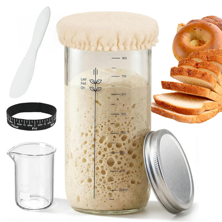 Sauerteig Starter Set aus Glas 1000ml - Anstellgut Glas Behälter mit Spatel Fermentierglas Cloth Cov