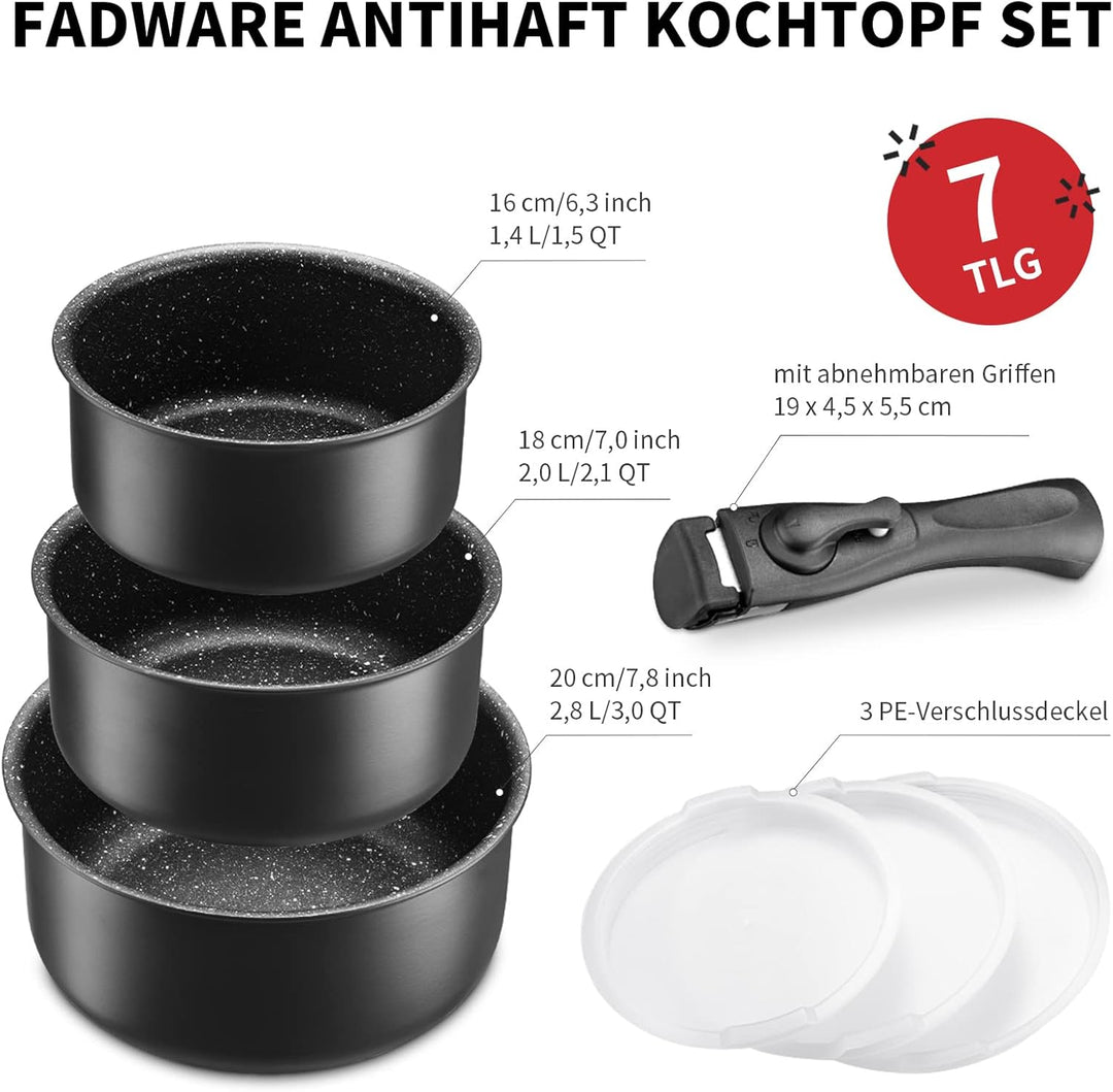 Fadware Kochtopf Set 7 tlg | 16+18+20 cm | 1 abnehmbarer Griff und 3 PE-Dichtungsdeckel | Induktion