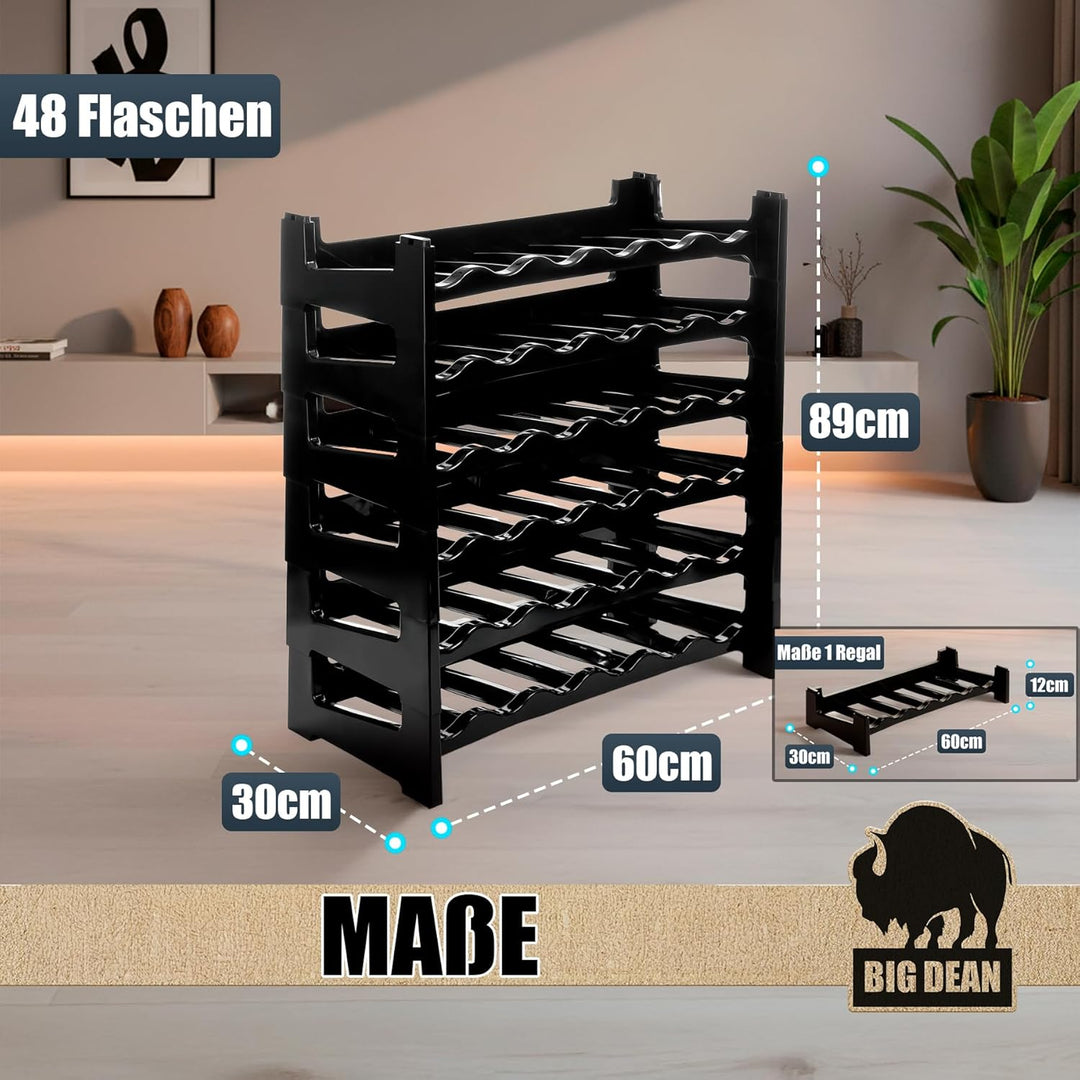 BigDean Flaschenregal stapelbar für 48 Flaschen Weinregal aus Kunststoff Schwarz Getränkeregal Flasc