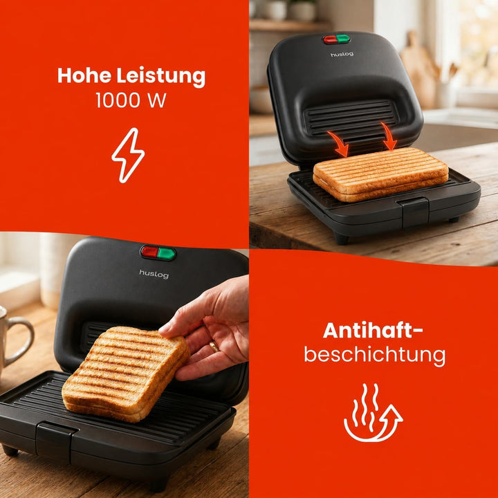 QuickBite Toaster, Sandwichmaker, Sandwich, Antihaftbeschichtung, 1000W, Panini, Schwarz Schwarz 24,