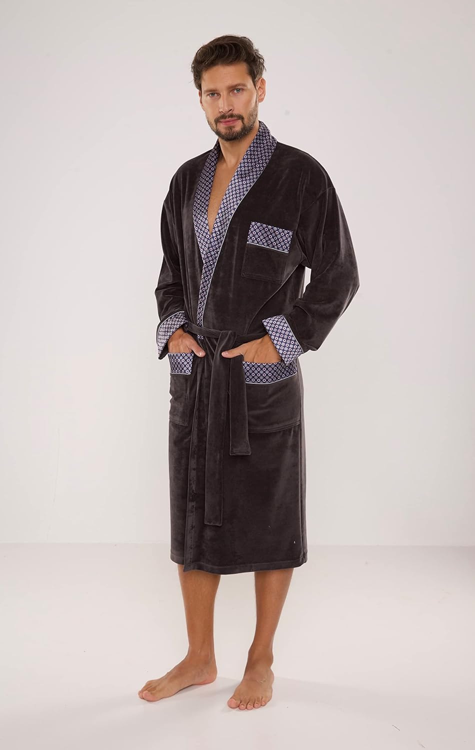 FOREX Lingerie edler und hochwertiger Baumwoll-Bademantel Herren-Mantel im tollen Design L Graphit-b