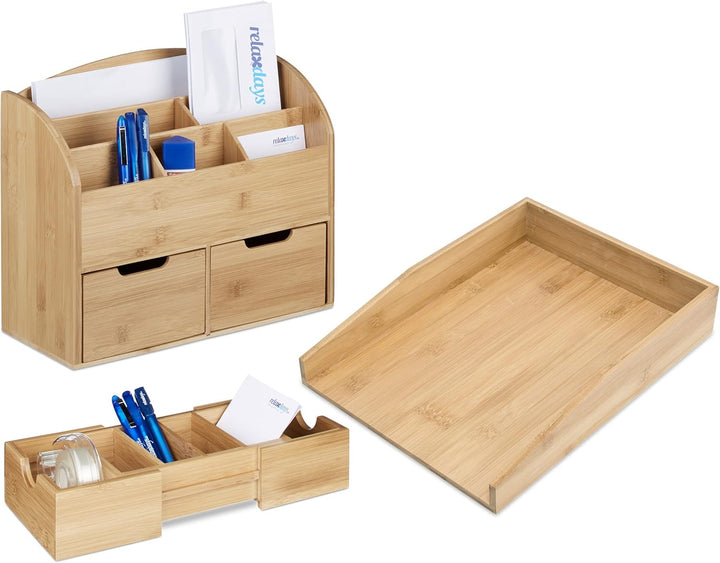 Relaxdays 3 TLG. Schreibtisch-Organizer Set Bambus, Karteikasten zum Ausziehen, Stehsammler mit 2 Sc