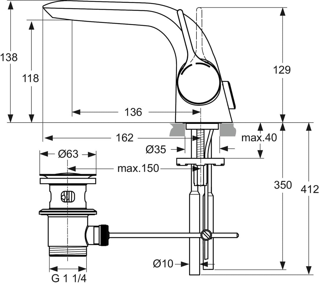 Ideal Standard A4258AA Melange Waschtischarmatur mit Zugknopf-Ablaufgarnitur, Chrom mit Ablaufgarnit