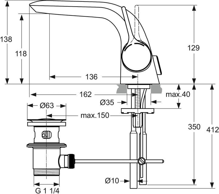 Ideal Standard A4258AA Melange Waschtischarmatur mit Zugknopf-Ablaufgarnitur, Chrom mit Ablaufgarnit