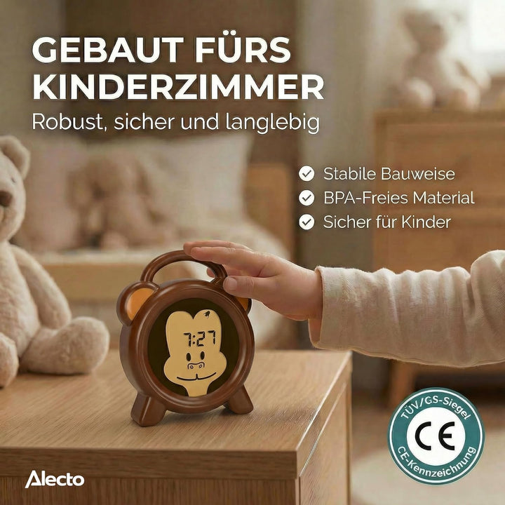 Alecto BC-100 Monkey Wecker Kinder - Kinderwecker USB Aufladbar - Kinder Wecker mit Nachtlicht - Sch