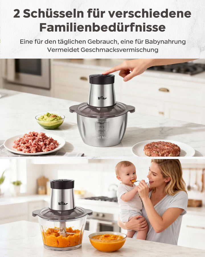 Bear 2L+1.8L Zerkleinerer Elektrisch Mini, 600W 2 Geschwindigkeitsstufen, Häcksler mit 4-Edelstahlkl