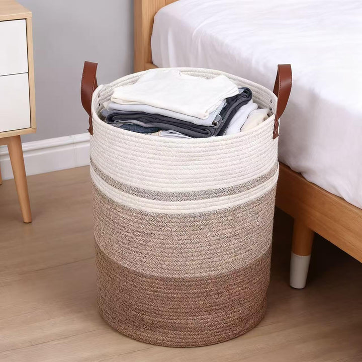 Grosser Wäschekorb aus Baumwollseil, 63L Kapazität, 50 x 40 cm, Weiss-Beige mit Ledergriffen (YM), Y