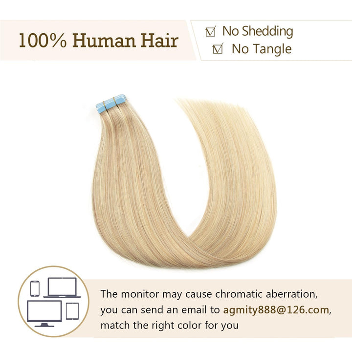 AGMITY Tape In Extensions Echthaar 20pcs 35cm 40g Aschblond mit Bleichblond Invisible Tape Extension
