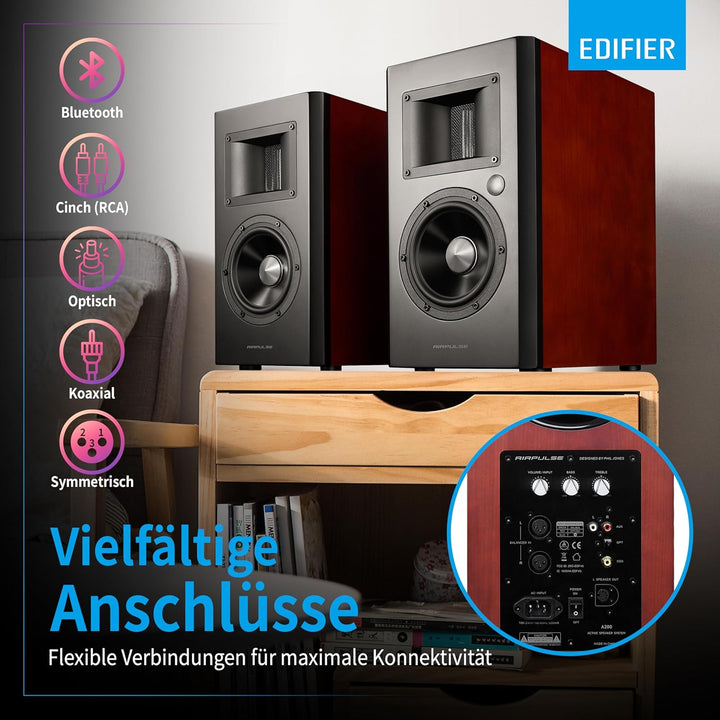 EDIFIER AIRPULSE A200 - 2.0 Studiomonitore (130W) mit Bluetooth V5.0 (aptX), Bändchen-Hornhochtöner